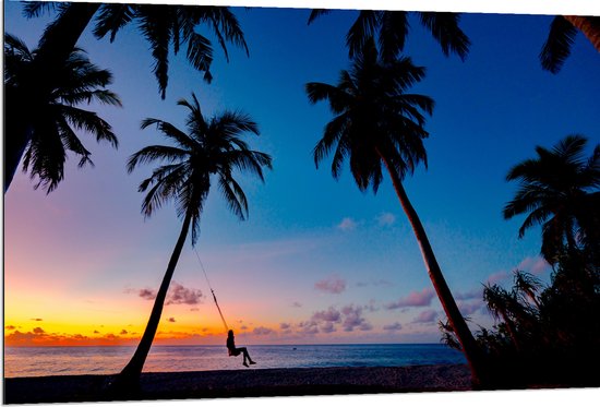 WallClassics - Dibond - Schommelen op een Tropisch Strand bij Zonsondergang - 120x80 cm Foto op Aluminium (Met Ophangsysteem)