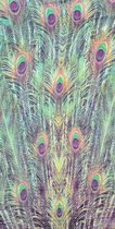 Cactula pauwen stof in groen en paars tinten Polyester 140 breed prijs per meter, meerdere meters mogelijk
