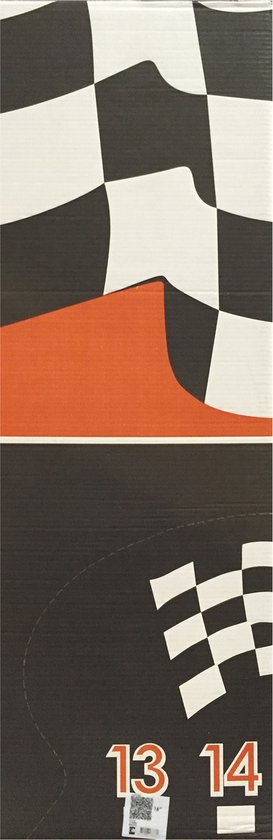 Doos met zwart-wit geblokt racevlagmotief, oranje accenten en de cijfers 13 en 14.