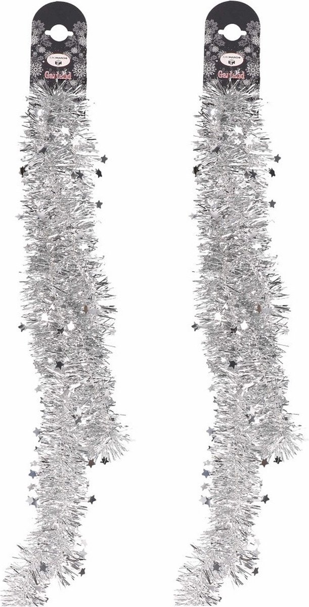 4x Zilveren folie slingers/guirlandes met sterren 200 cm - Kerstslingers - Kerstboomversiering