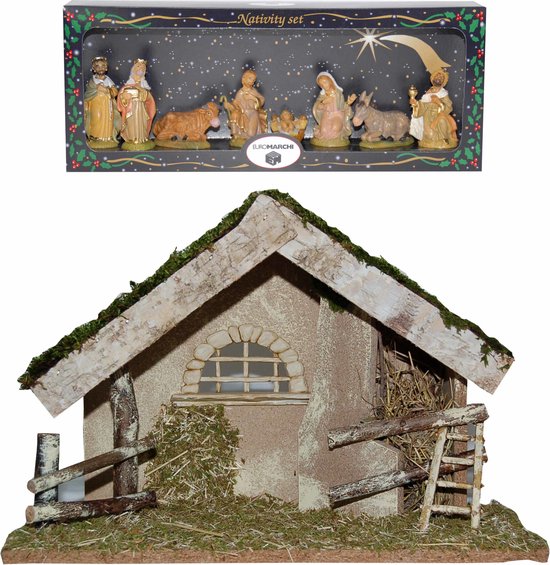 Complete kerststal met 8 kerstbeelden - 42 x 19 x 30 cm - kerstdecoratie - kerststallen