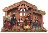 Crèche avec 8 figurines en polyestone - Etal de Noël avec figurines - 10 x 30 x 21 cm