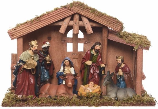 Decoris Kerststal - 8 figuren - MDF hout - 10 x 30 x 21 cm - kerstdecoratie