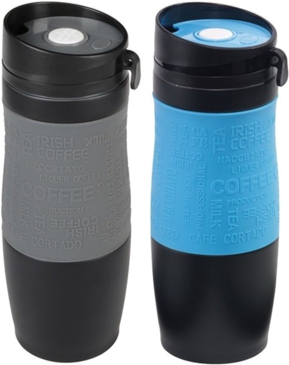 Set van 2x Thermosbekers/warmhoud bekers grijs en blauw 380 ml - Isolerende drinkbekers