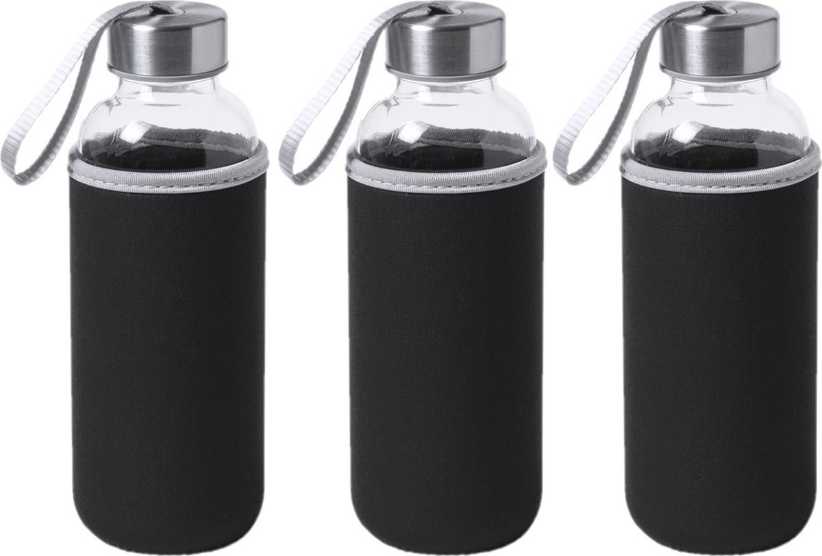 3x Stuks glazen waterfles/drinkfles met zwarte softshell bescherm hoes 420 ml - Sportfles - Bidon