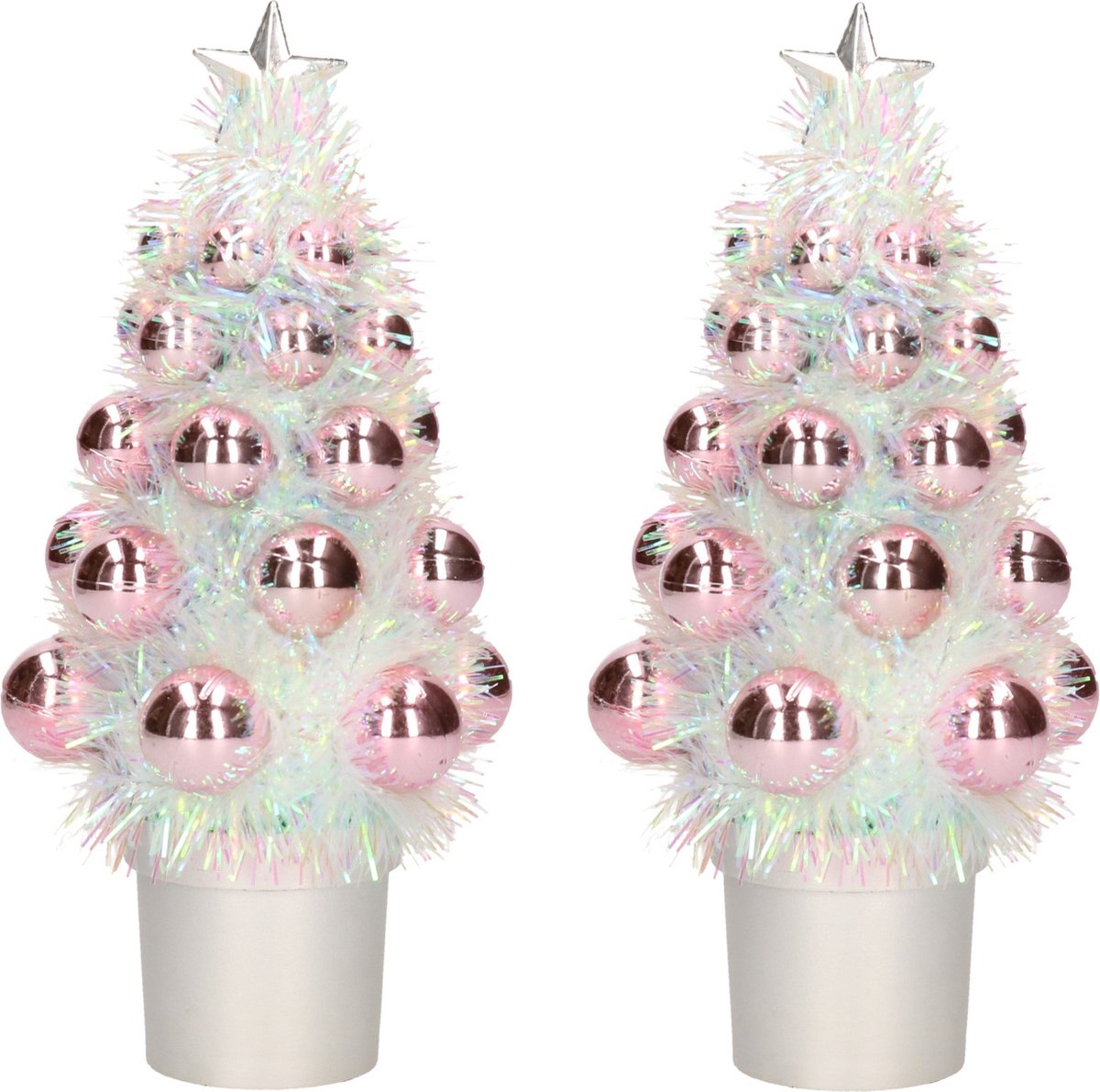 4x Mini kunst kerstboompje roze met kerstballen 19 cm - Kerstversiering - Kunstboompje