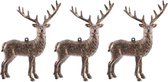 3x Kersthangers figuurtjes hertje met glitters koperbruin 14 cm - Herten dieren thema kerstboomhangers