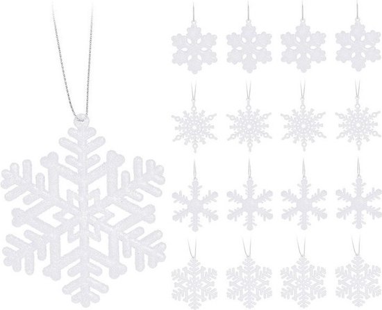 16x Kersthangers figuurtjes witte sneeuwvlok/ster 10 cm glitter - Sneeuw thema kerstboomhangers - Kerstboomversieringen koper