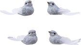 12x Decoratie glitter vogeltjes zilver op clip 5 cm - Kerstboomversiering vogels - Hobby/knutsel materiaal
