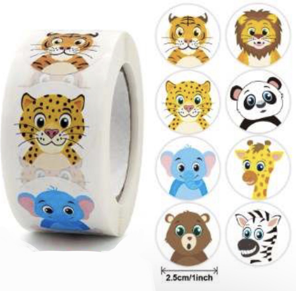 500 Dieren Stickers Op Een Rol - 2,5cm - Stickers van dieren - Juffen en Meesters - Beloningsstickers - Stickers Kinderen - Sluitsticker - Sluitzegel - Leeuw - Giraffe - Tijger - Olifant - Panter - Panda - Zebra - Beer - IXEN