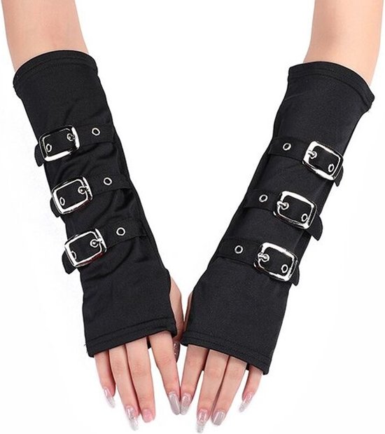 WiseGoods Luxe Dames Sleeves Met Riemen - Punk Handschoenen - Armwarmers - Polswarmers - Kleding - Handschoen - Gothic - Zwart