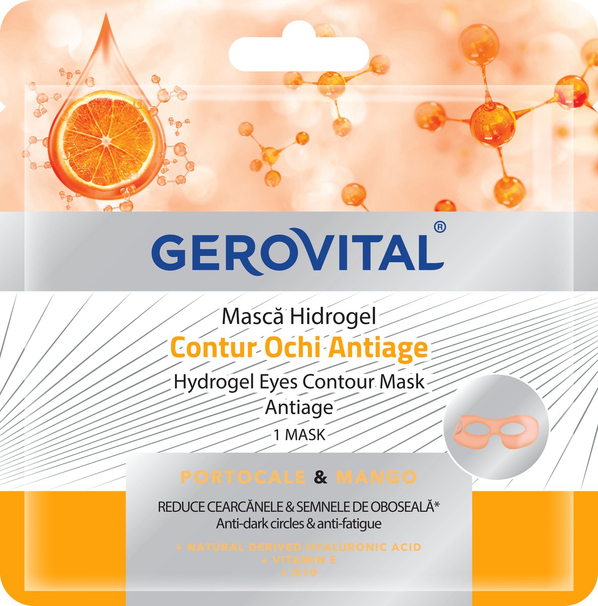 Gerovital Hydrogel Oogcontour Masker Anti Age , Hyaluronzuur, Vitamine E & Q10 | Vermindert donkere kringen en tekenen van vermoeidheid. Sinaasappels en mango's.