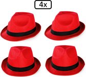 4x Festival hoed rood met zwarte band - Strohoedje - Toppers - Hoofddeksel hoed festival thema feest feest party