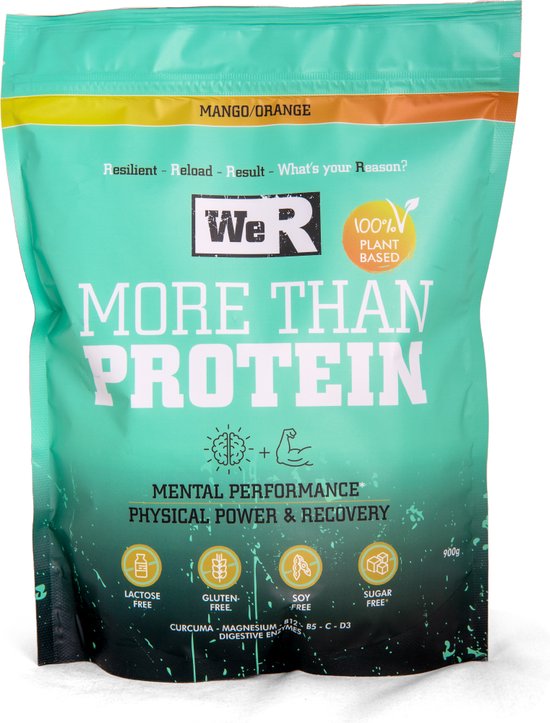Mintgroene zak met 'MORE THAN PROTEIN' in witte letters. Met 'Mango/Orange' bovenaan. Lactosevrij, glutenvrij, sojavrij, suikervrij.