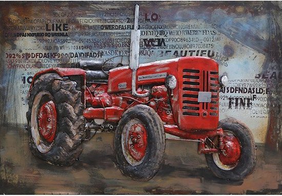 Schilderij - Wanddecoratie - Metalen - Rode tractor - Decoratie - Woonaccessoires - 70x140x5 cm