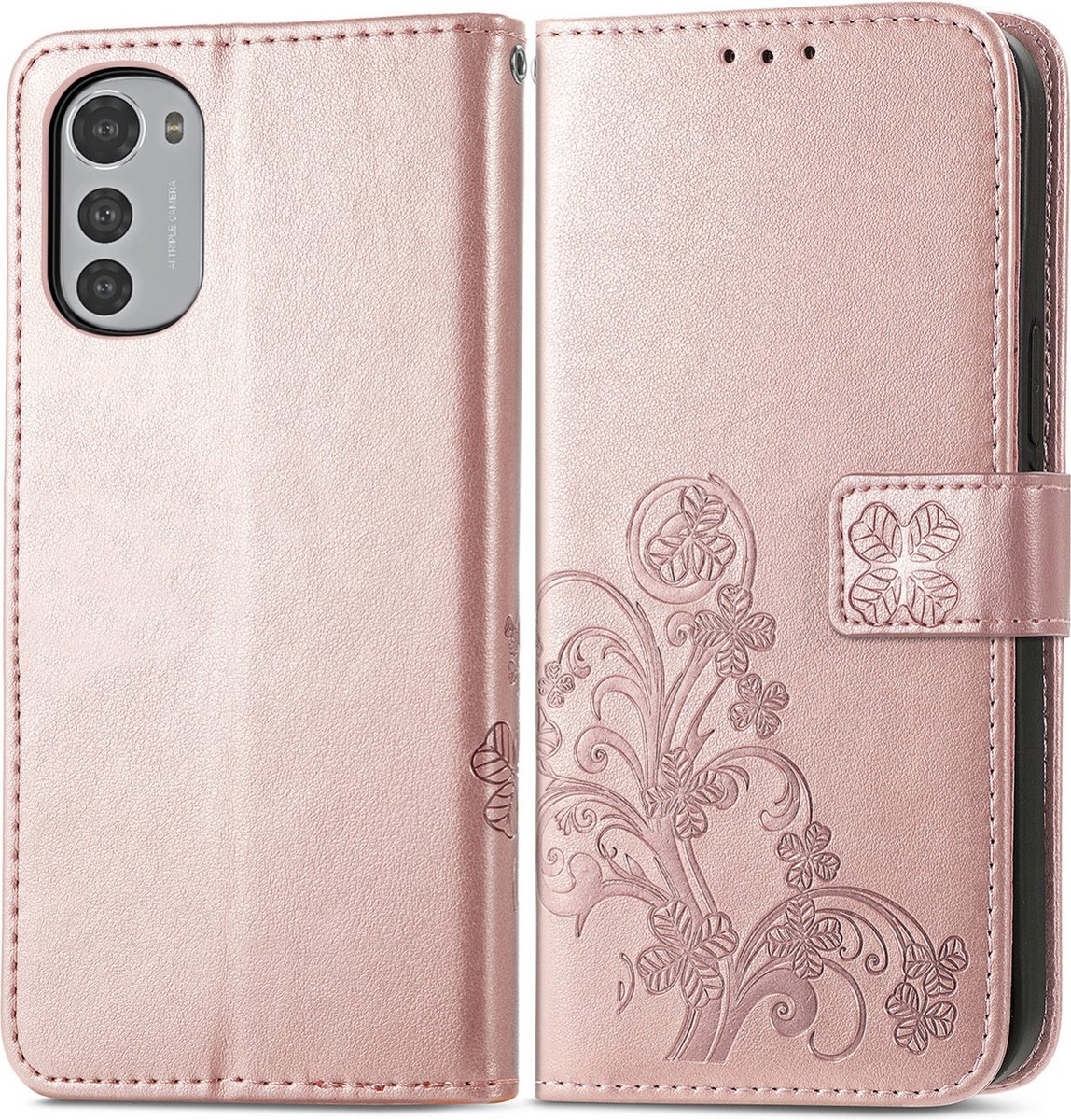 Mobigear Telefoonhoesje geschikt voor Motorola Moto E32s Hoesje | Mobigear Clover Bookcase Portemonnee | Pasjeshouder voor 3 Pasjes | Telefoonhoesje voor Pinpas / OV Kaart / Rijbewijs - Roségoud