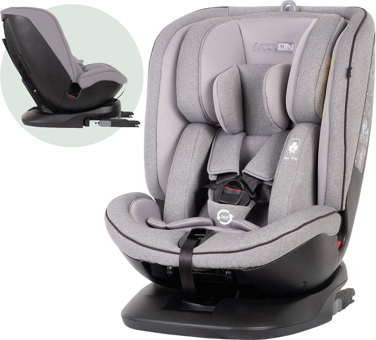 FreeON autostoel Atlas 360° met isoFix Lichtgrijs (0-36kg) - Groep 0-1-2-3 autostoel voor kinderen van 0 tot 12 jaar