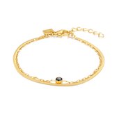 Twice As Nice Armband in goudkleurig edelstaal, dubbele ketting, oval links, platte slang, 1 zwarte zirkonia 15 cm+3 cm