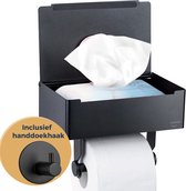 Pasper toiletrolhouder Zwart met Plankje en Bakje - Zonder Boren - wc rolhouder zelfklevend - inclusief Extra Handdoekhaak