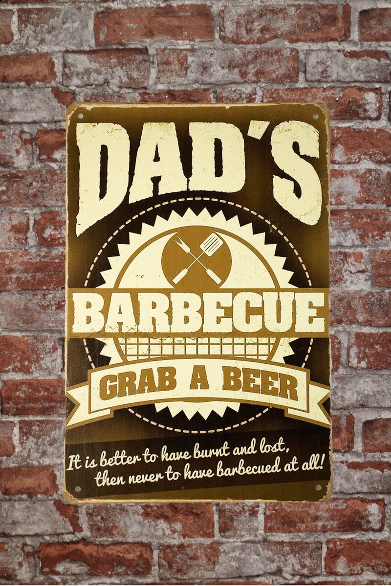 Wandbord - Dad`s barbecue grab - Metalen wandbord - Mancave - Mancave decoratie - Bar deco