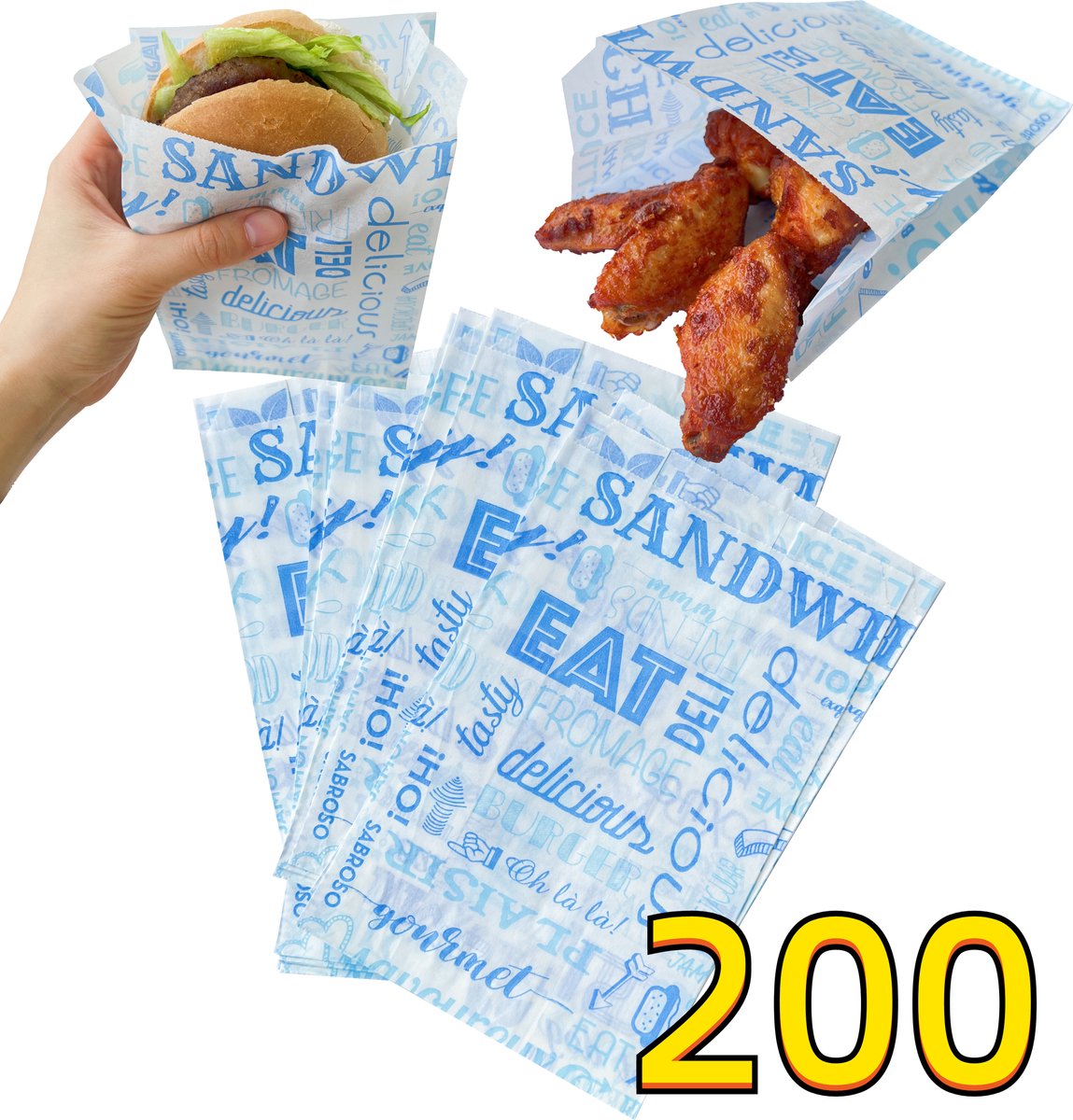 Rainbecom - 200 Stuks - Hamburger Zakje Papier - Vetvrij Papier - Papieren Zak voor Sandwiches - Blauw