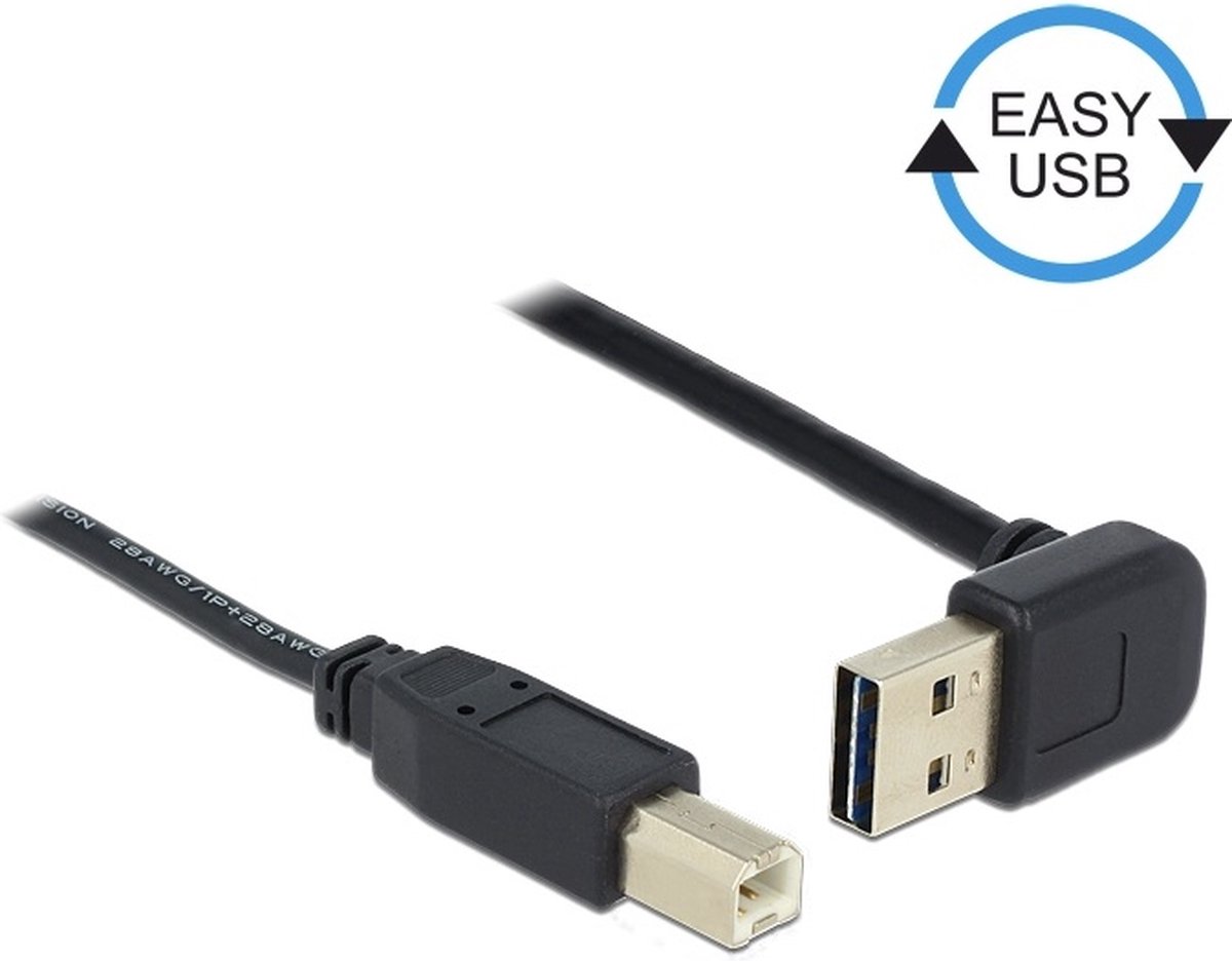Easy-USB-A haaks (boven/beneden) naar USB-B kabel - USB2.0 - tot 2A / zwart - 3 meter