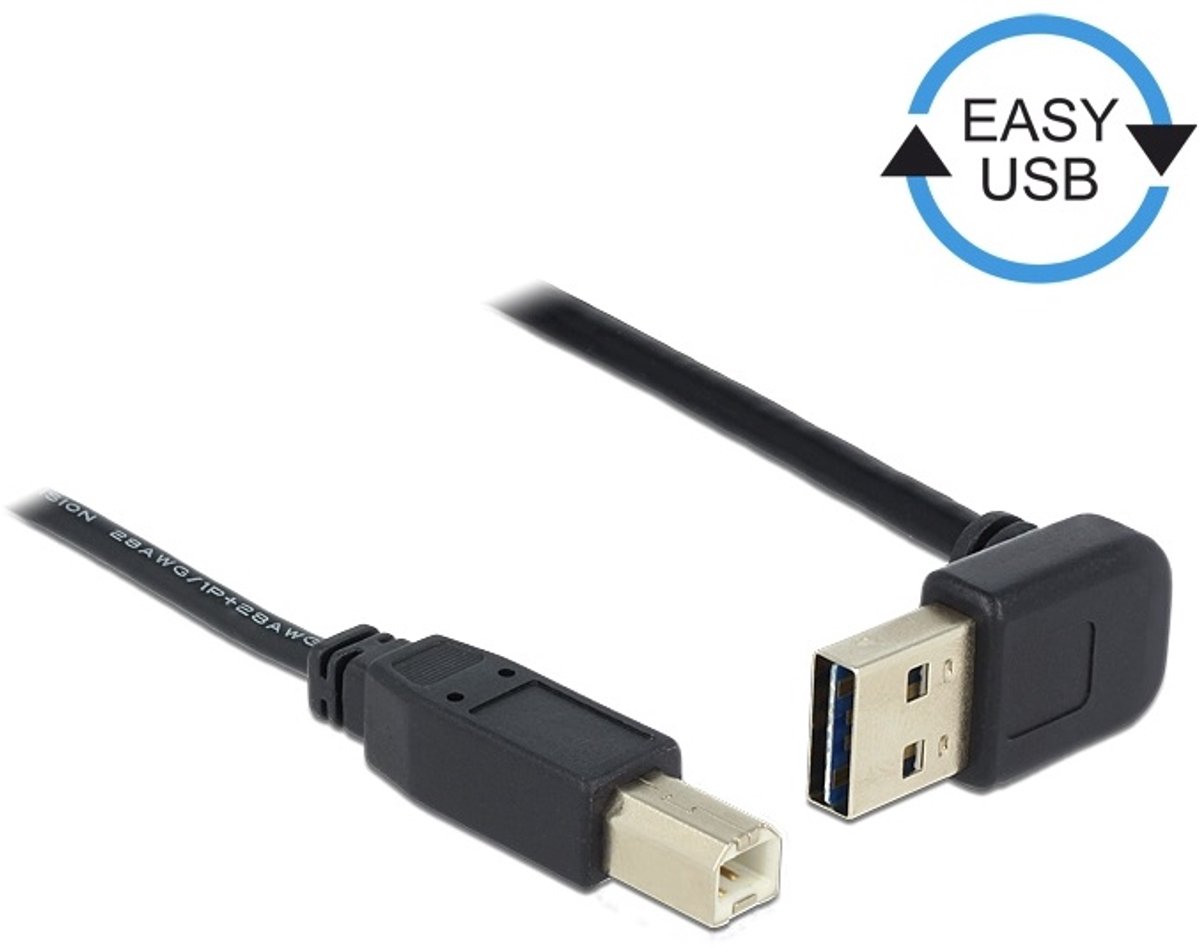 Easy-USB-A haaks (boven/beneden) naar USB-B kabel - USB2.0 - tot 2A / zwart - 0,50 meter