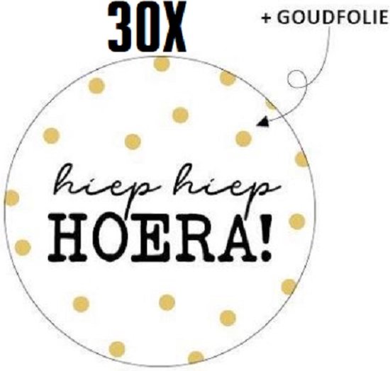 Foto: 30x sluitsticker hiep hiep hoera wit zwart gouden stippen 40 mm sluitzegel feest sluitsticker chique inpakken traktatie verjaardag feest kinderfeest kinderverjaardag