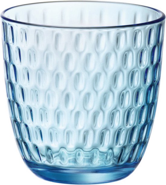 Blauw transparant Bormioli Rocco waterglas met reliëfpatroon.