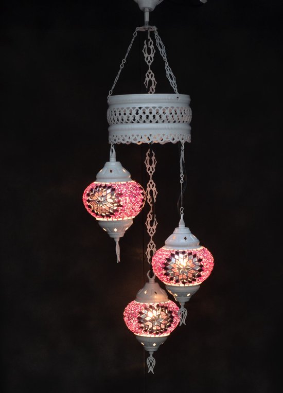 Lampe orientale 3 verre violet rose sphères lustre mosaïque
