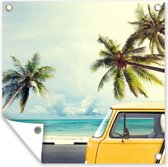 Tuindoek - Auto - Retro - Camper - Strand - Palmboom - 100x100 cm - Tuinposter - Tuinschilderij - Muurdecoratie - Wanddecoratie