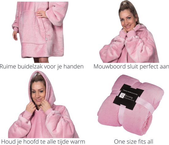 Q-Living Hoodie Deken - Oversized Hoodie - Plaid Met Mouwen - Snuggle Hoodie - Fleece Deken Met Mouwen - 1450 gram - Roze