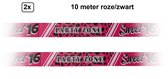2x Rol afzetlint Sweet Sixteen 10 meter rose/zwart - afzet lint festival thema feest verjaardag markeerlint fun waarschuwing lint sweet 16