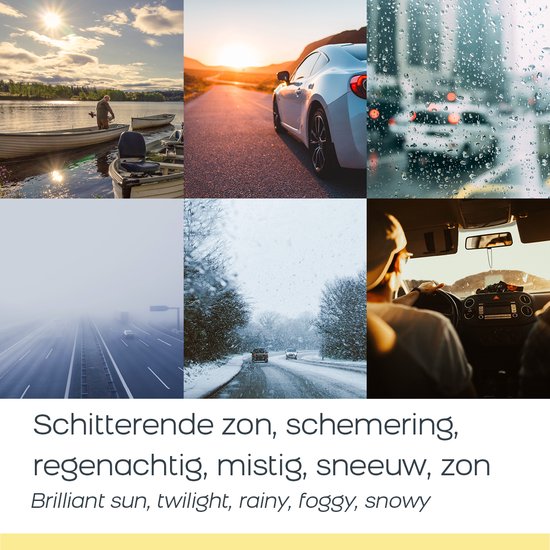Een man vist op een zonnige dag, een witte sportwagen bij zonsondergang, een natte snelweg in de regen, een mistige snelweg, een besneeuwde weg, uitzicht vanuit een auto.