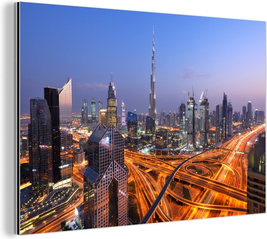 Wanddecoratie Metaal - Aluminium Schilderij Industrieel - De vele neonlichten van Dubai met als middelpunt de Burj Khalifa - 150x100 cm - Dibond - Foto op aluminium - Industriële muurdecoratie - Voor de woonkamer/slaapkamer