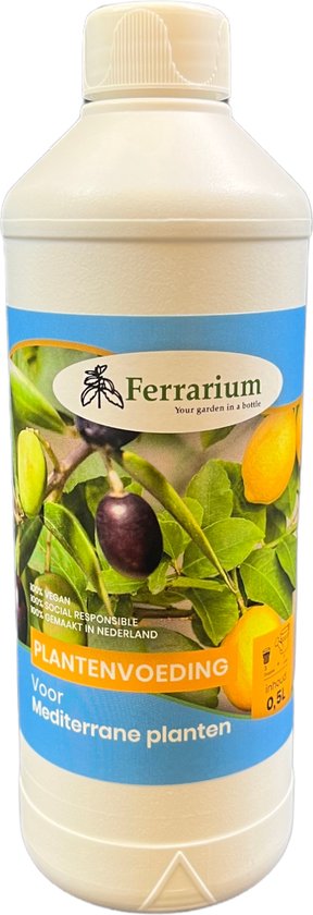 Ferrarium mediterrane plantenvoeding 0,5 L - Gemaakt door sociale werkplaats - 100% Vegan - 100% Gemaakt in Nederland - plantenvoeding voor mediterrane planten - meer vruchten aan citroenboom - olijven aan boom krijgen - meer olijfen