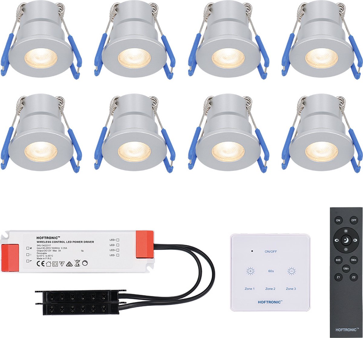 CREE LED inbouwspots Malaga 8x3W dimbaar - IP65 - 2700K Warm wit - 25000 Branduren - incl. Touch muurdimmer en Afstandsbediening