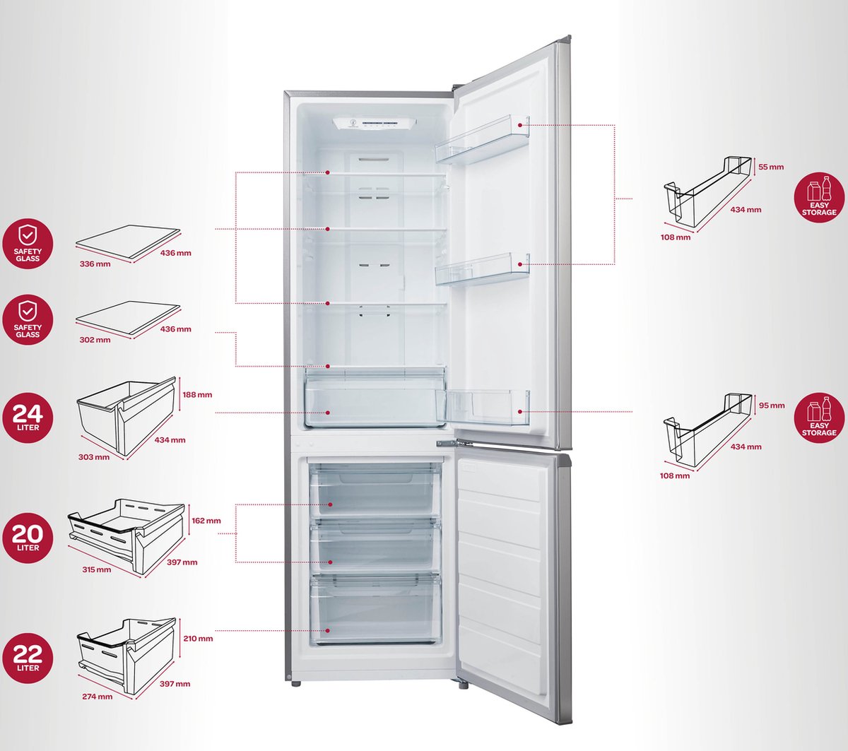 Inventum KV1808R No Frost energiezuinige koel-vriescombinatie - 180 cm hoog - 270 liter - Superkoelen - Supervriezen - Energielabel D - Vrijstaand - RVS — afbeelding 4