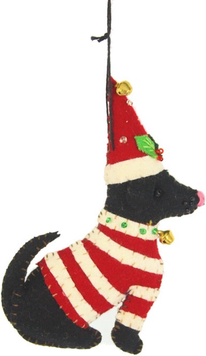 Hond met trui en kerstmuts rood/wit, vilt 8x2x13,5cm