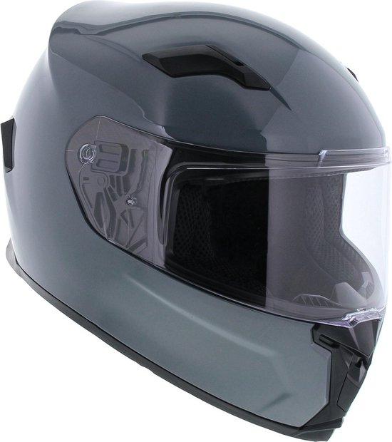 Donkergrijze integraalhelm met helder vizier en ventilatieopeningen.