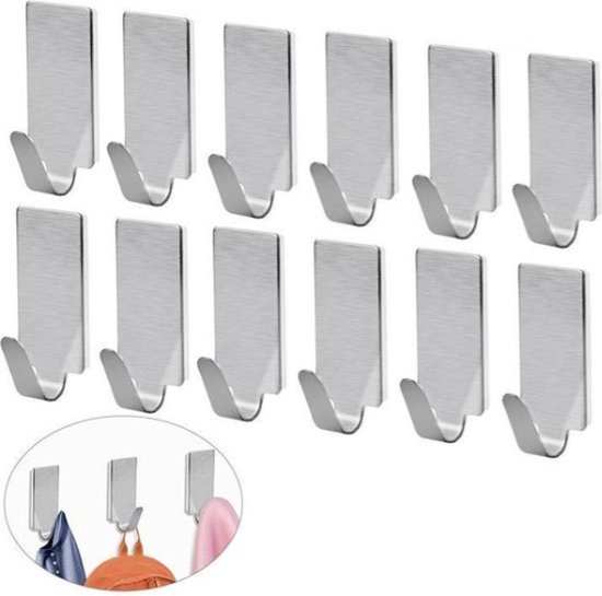 12 x Zelfklevende ophanghaken – Haakjes – RVS – Tassenhaken – Jassenhaken – Keukenhaken – Badkamerhaken – Plakhaakjes – Huishoudelijke accessoires…