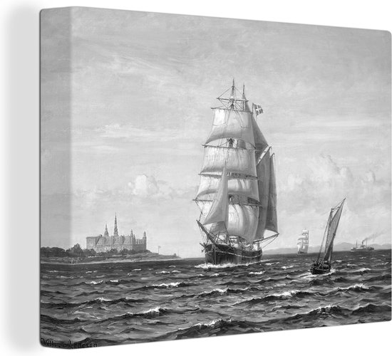 Canvas Schilderij Zeilschepen bij Kronborg - Schilderij van Vilhelm Arnesen - zwart wit - 40x30 cm - Wanddecoratie