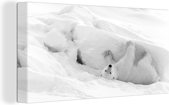 Canvas Schilderij Speels rollende ijsbeer in de sneeuw - zwart wit - 40x20 cm - Wanddecoratie