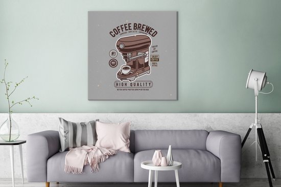 Canvas Schilderij Koffiezetapparaat - Mok - Retro - Tekening - 90x90 cm - Wanddecoratie - Vaderdag cadeau - Geschenk - Cadeautje voor hem - Tip - Mannen