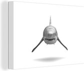Canvas Schilderij Haai zwemmend naar camera - zwart wit - 60x40 cm - Wanddecoratie