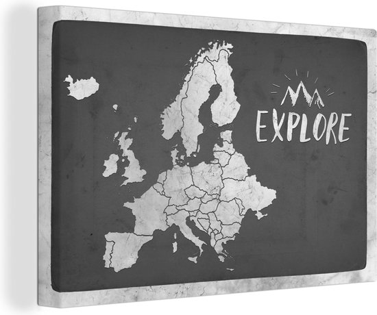 Canvas Schilderij Vintage Europakaart met de tekst Explore - zwart wit - 90x60 cm - Wanddecoratie