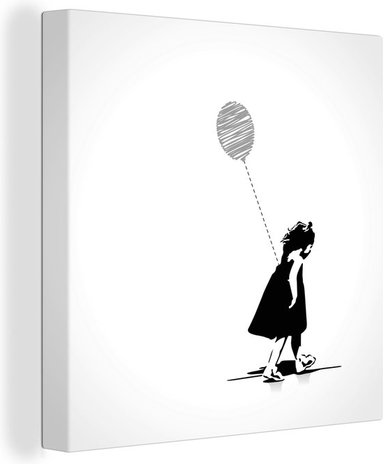 Tableau sur toile Dessin d'enfant d'une fille avec un ballon - noir et  blanc - 90x90