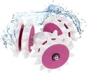 Wit en paars cellulite massager apparaat met drie rijen rollers, omringd door spatten water.