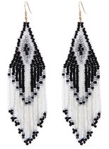 Oorbellen met Glaskralen - Seed Beads - 11x3 cm - Zwart en Wit