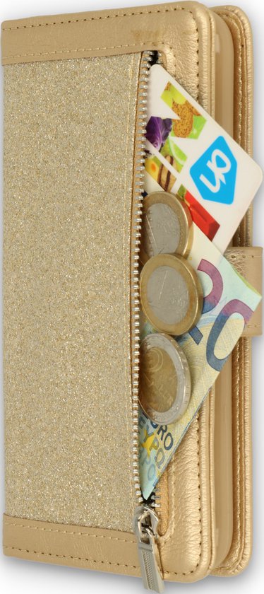 Gouden glitter portemonnee hoesje met rits, muntgeld, bankbiljetten en een AH-kaart.